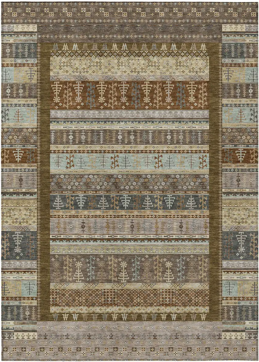 Brown Beige And Gray Striped Washable Indoor Outdoor Area Rug Photo 1