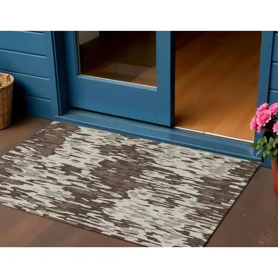 Brown Beige And Gray Striped Washable Indoor Outdoor Area Rug Photo 1