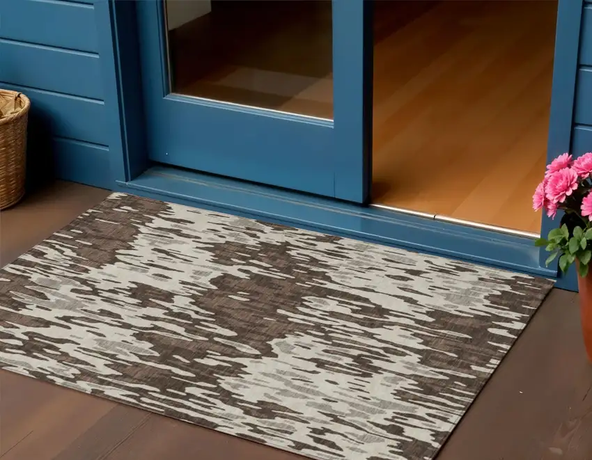 Brown Beige And Gray Striped Washable Indoor Outdoor Area Rug Photo 1