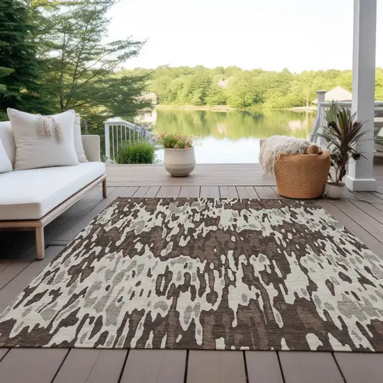 Brown Beige And Gray Striped Washable Indoor Outdoor Area Rug Photo 9