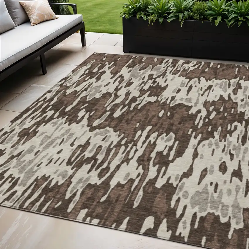 Brown Beige And Gray Striped Washable Indoor Outdoor Area Rug Photo 1