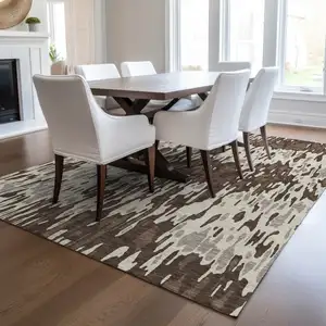 Photo of Brown Beige And Gray Striped Washable Indoor Outdoor Area Rug