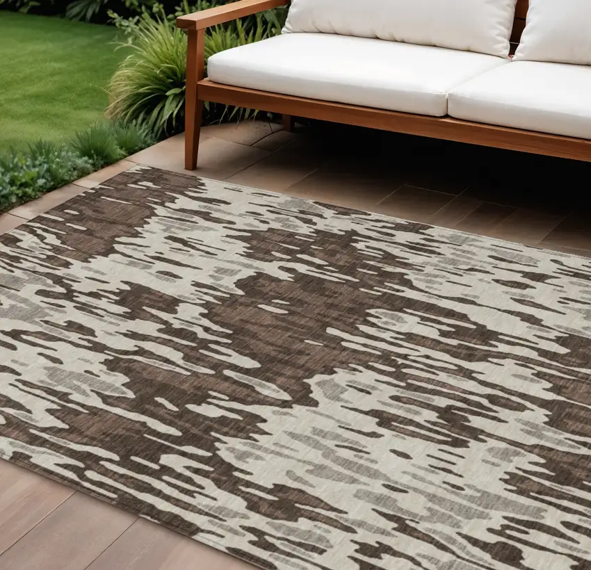 Brown Beige And Gray Striped Washable Indoor Outdoor Area Rug Photo 1