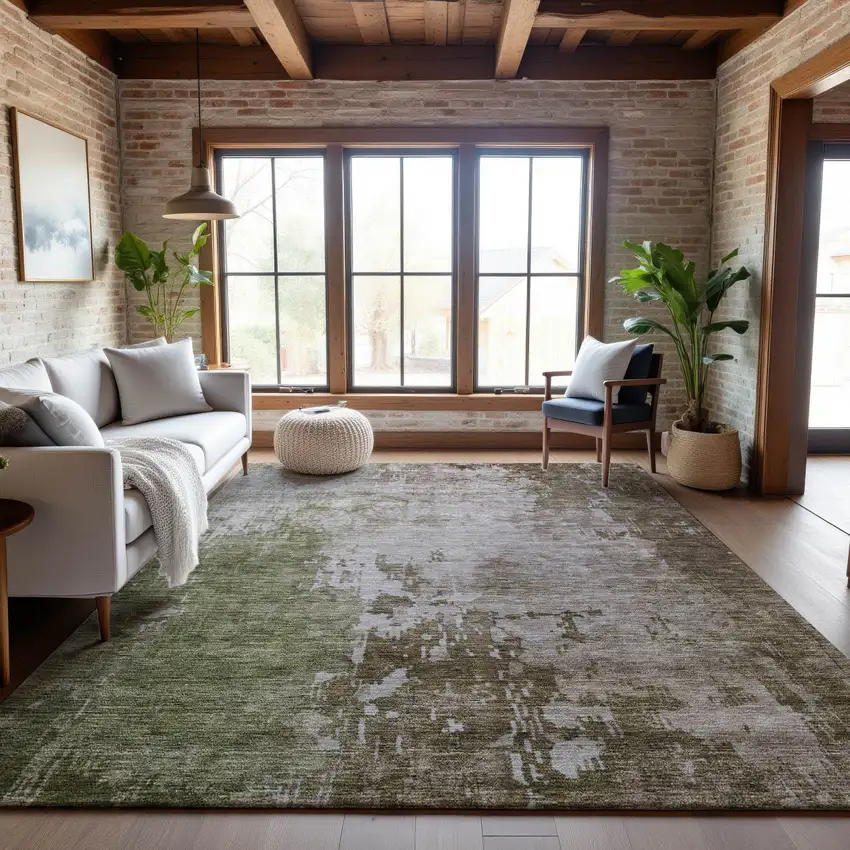 Brown Beige And Green Abstract Washable Area Rug With UV Protection Photo 4