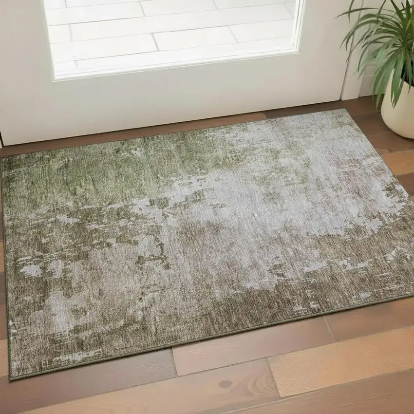 Brown Beige And Green Abstract Washable Area Rug With UV Protection Photo 2
