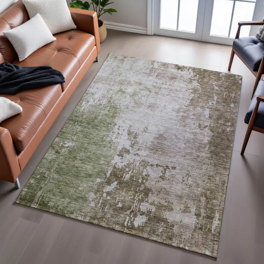 Brown Beige And Green Abstract Washable Area Rug With UV Protection Photo 5