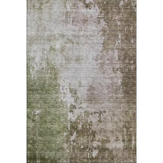 Brown Beige And Green Abstract Washable Area Rug With UV Protection Photo 1