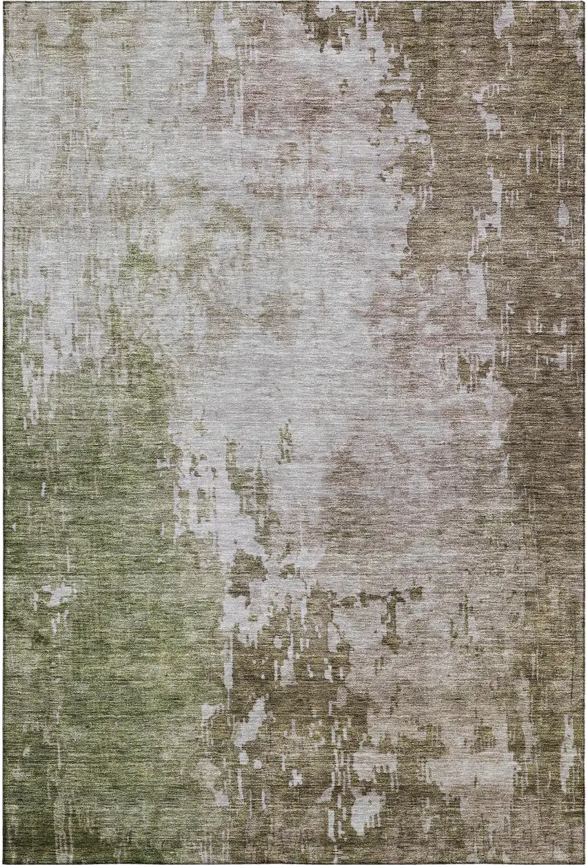 Brown Beige And Green Abstract Washable Area Rug With UV Protection Photo 1