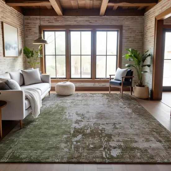 Brown Beige And Green Abstract Washable Area Rug With UV Protection Photo 2