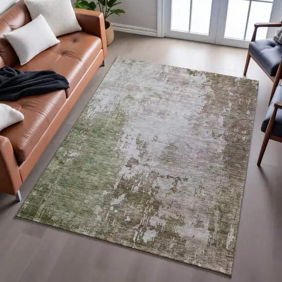 Brown Beige And Green Abstract Washable Area Rug With UV Protection Photo 3