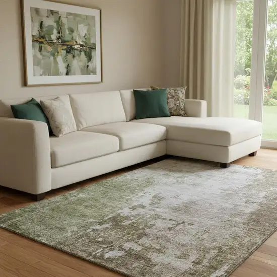 Brown Beige And Green Abstract Washable Area Rug With UV Protection Photo 2