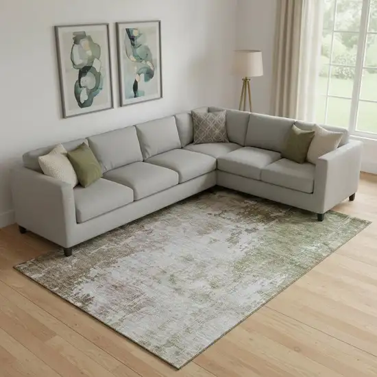 Brown Beige And Green Abstract Washable Area Rug With UV Protection Photo 2