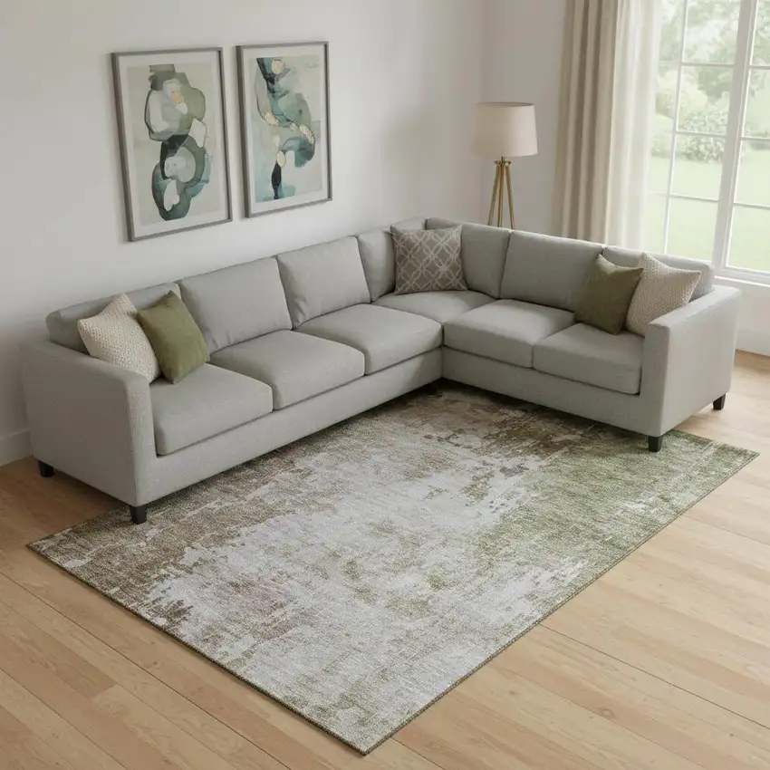 Brown Beige And Green Abstract Washable Area Rug With UV Protection Photo 2