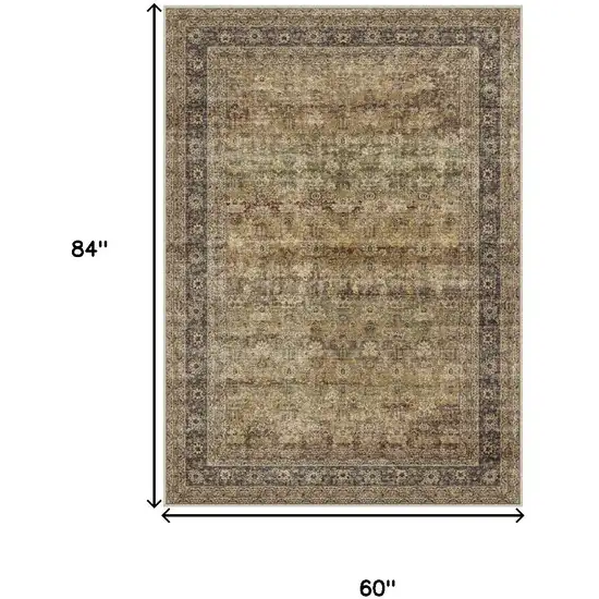 Brown Beige And Green Floral Medallion Washable Area Rug Photo 3