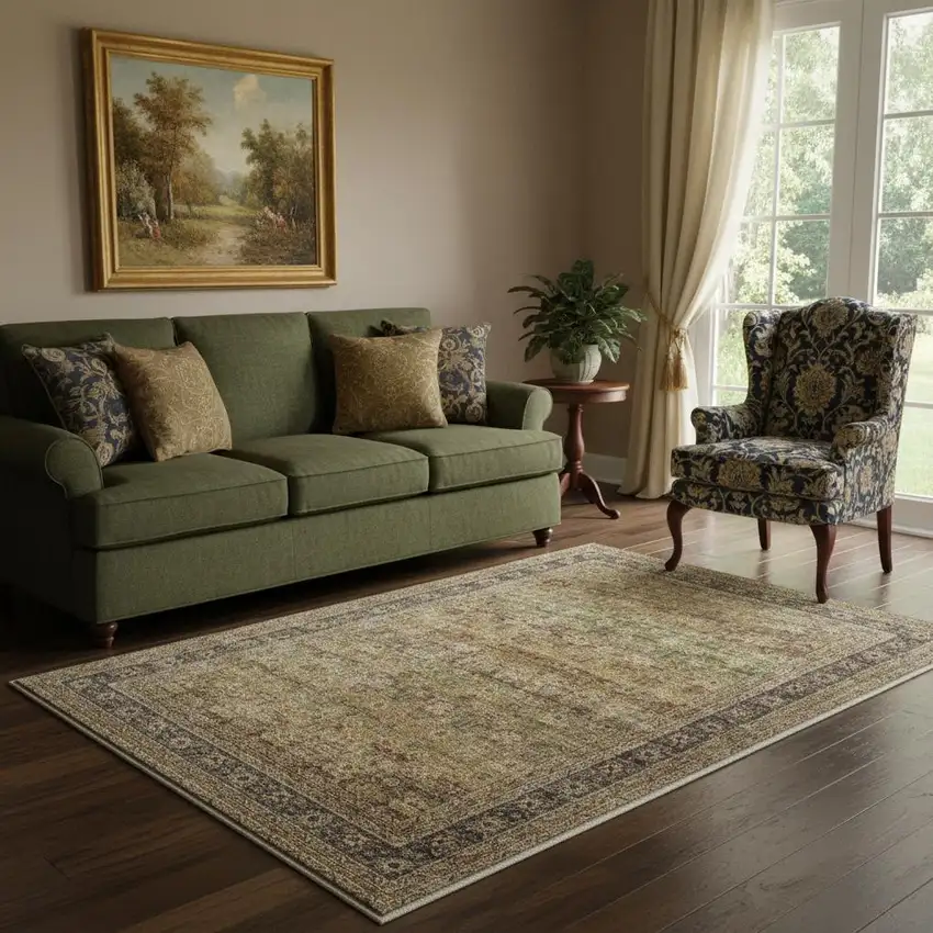 Brown Beige And Green Floral Medallion Washable Area Rug Photo 1