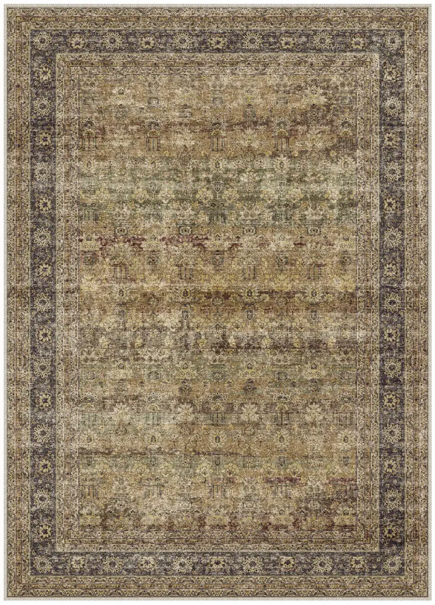 Brown Beige And Green Floral Medallion Washable Area Rug Photo 3