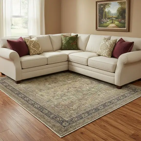 Brown Beige And Green Floral Medallion Washable Area Rug Photo 2