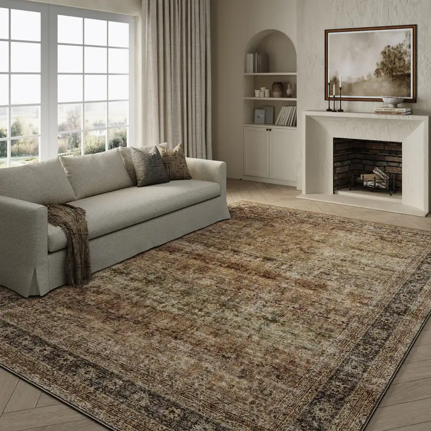 Brown Beige And Green Floral Medallion Washable Area Rug Photo 1