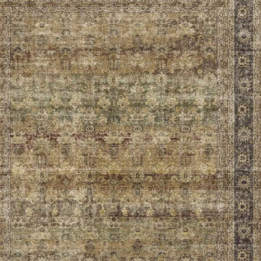 Brown Beige And Green Floral Medallion Washable Area Rug Photo 4