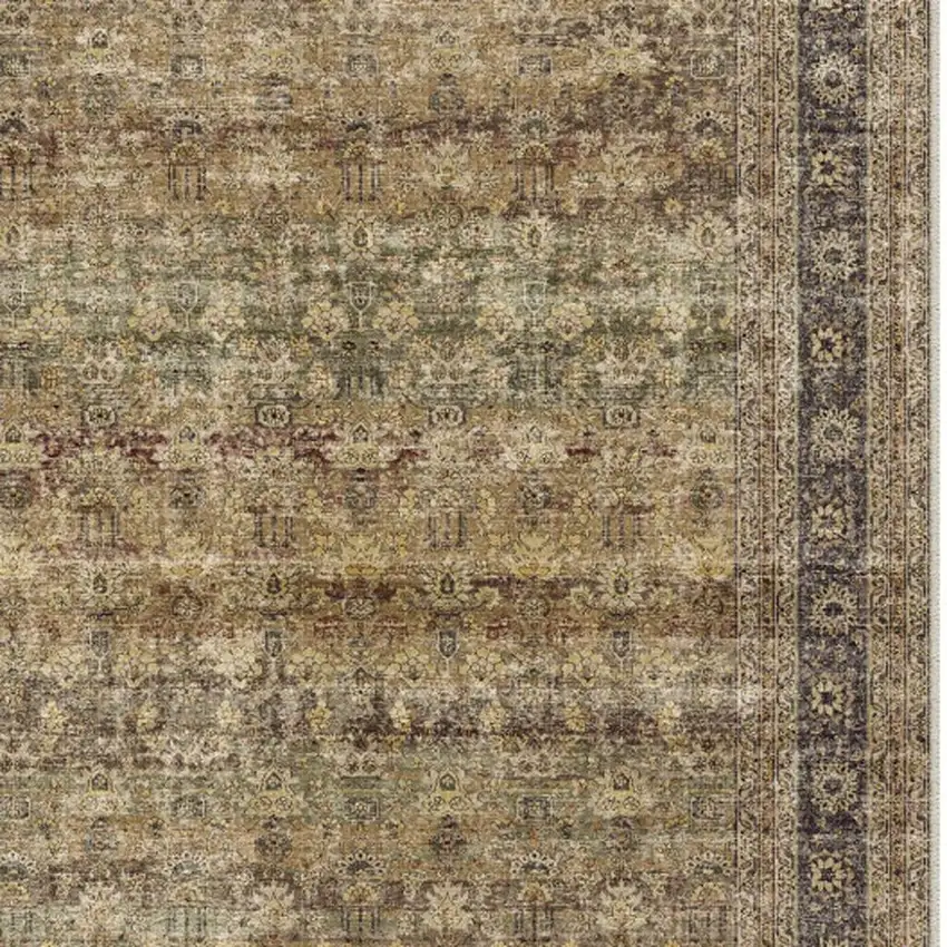 Brown Beige And Green Floral Medallion Washable Area Rug Photo 5