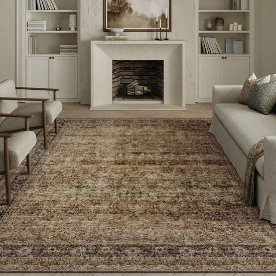 Brown Beige And Green Floral Medallion Washable Area Rug Photo 2