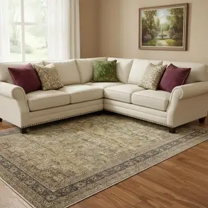 Photo of Brown Beige And Green Floral Medallion Washable Area Rug