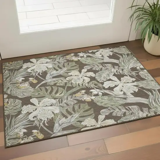 Brown Beige And Green Floral Washable Area Rug With UV Protection Photo 2