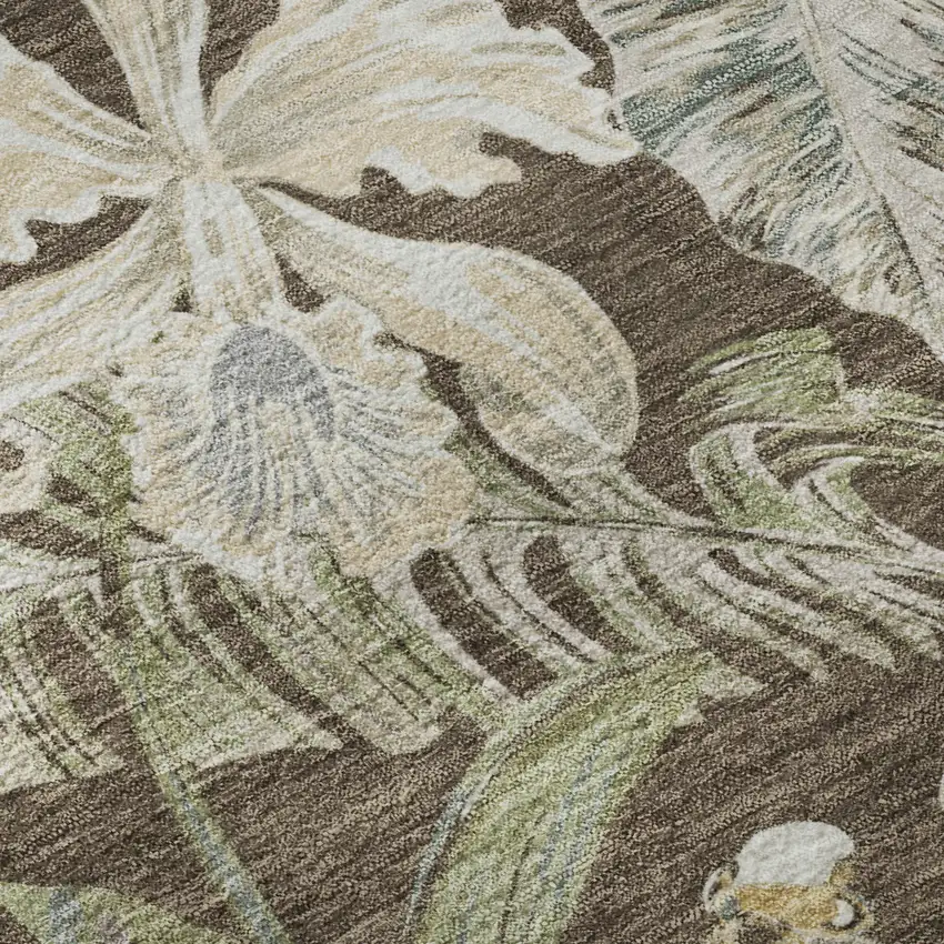 Brown Beige And Green Floral Washable Area Rug With UV Protection Photo 9