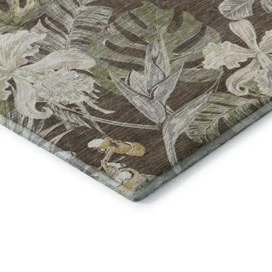 Brown Beige And Green Floral Washable Area Rug With UV Protection Photo 7