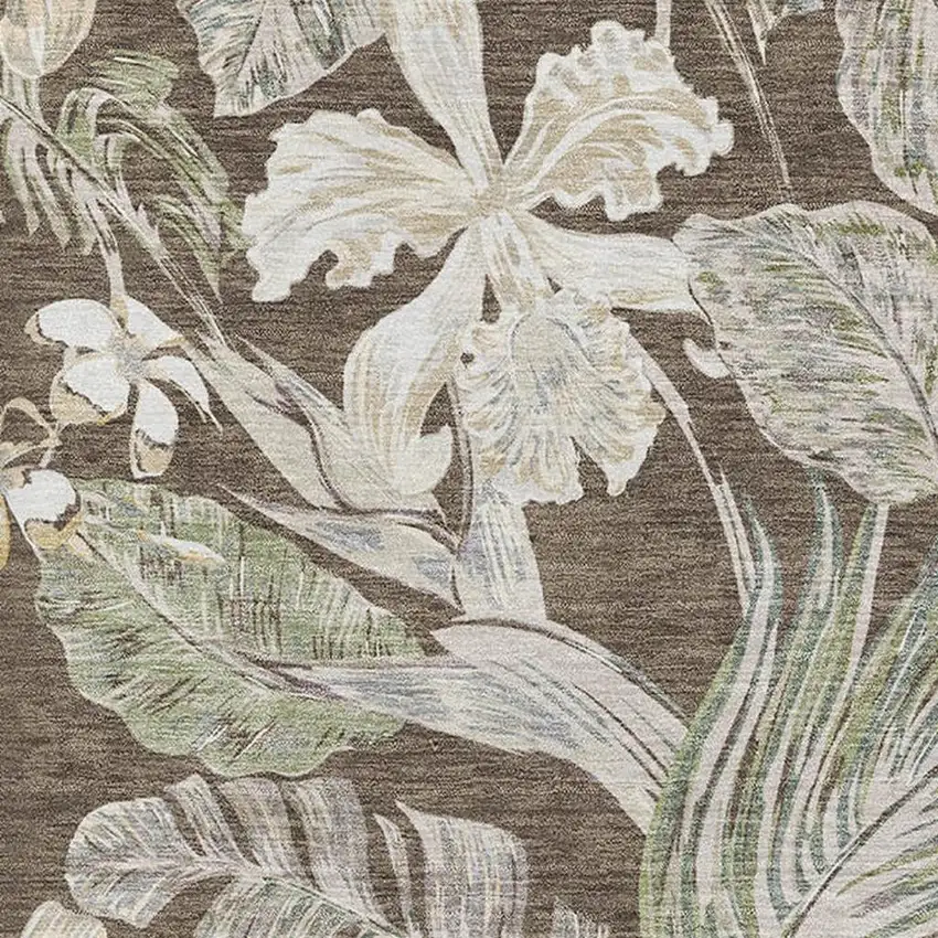 Brown Beige And Green Floral Washable Area Rug With UV Protection Photo 2