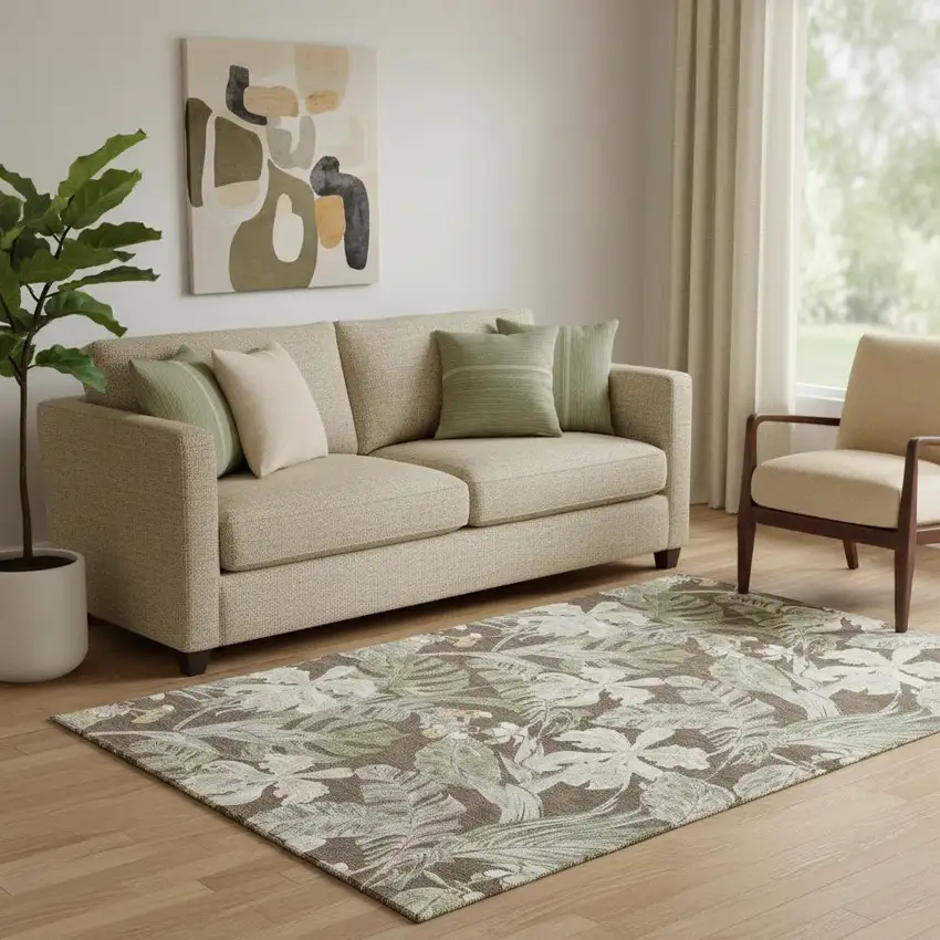 Brown Beige And Green Floral Washable Area Rug With UV Protection Photo 2