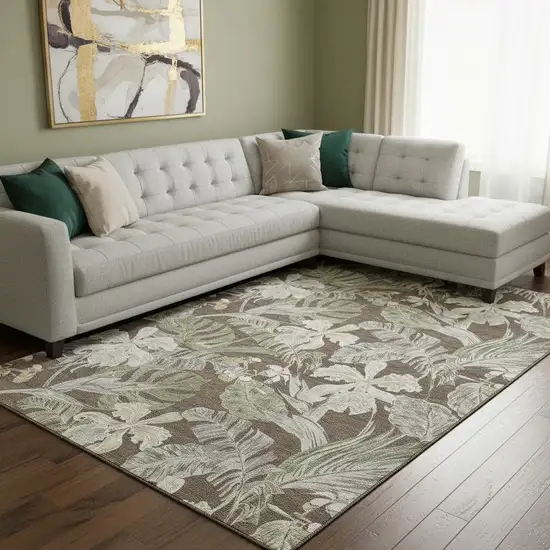 Brown Beige And Green Floral Washable Area Rug With UV Protection Photo 2