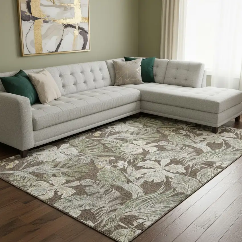 Brown Beige And Green Floral Washable Area Rug With UV Protection Photo 2