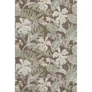 Photo of Brown Beige And Green Floral Washable Area Rug With UV Protection