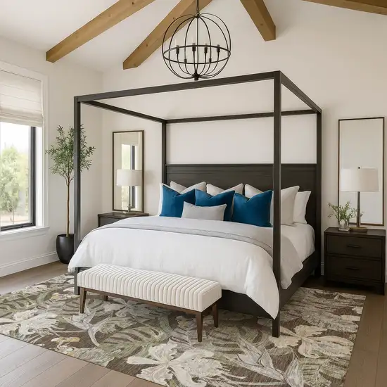 Brown Beige And Green Floral Washable Area Rug With UV Protection Photo 4