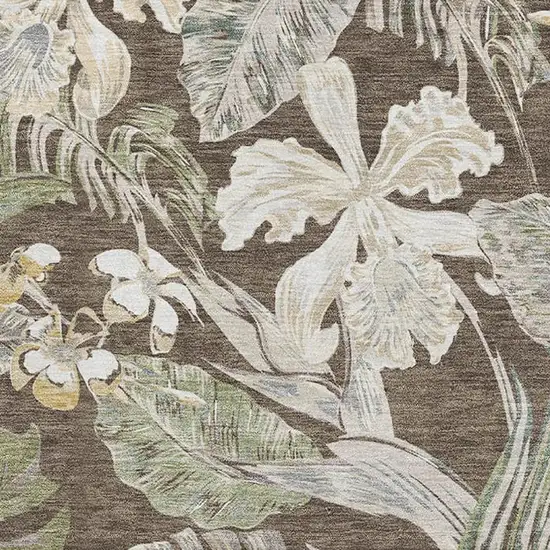 Brown Beige And Green Floral Washable Area Rug With UV Protection Photo 2