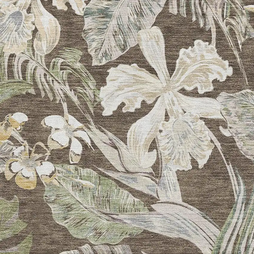 Brown Beige And Green Floral Washable Area Rug With UV Protection Photo 2