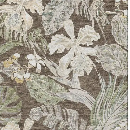 Brown Beige And Green Floral Washable Area Rug With UV Protection Photo 3
