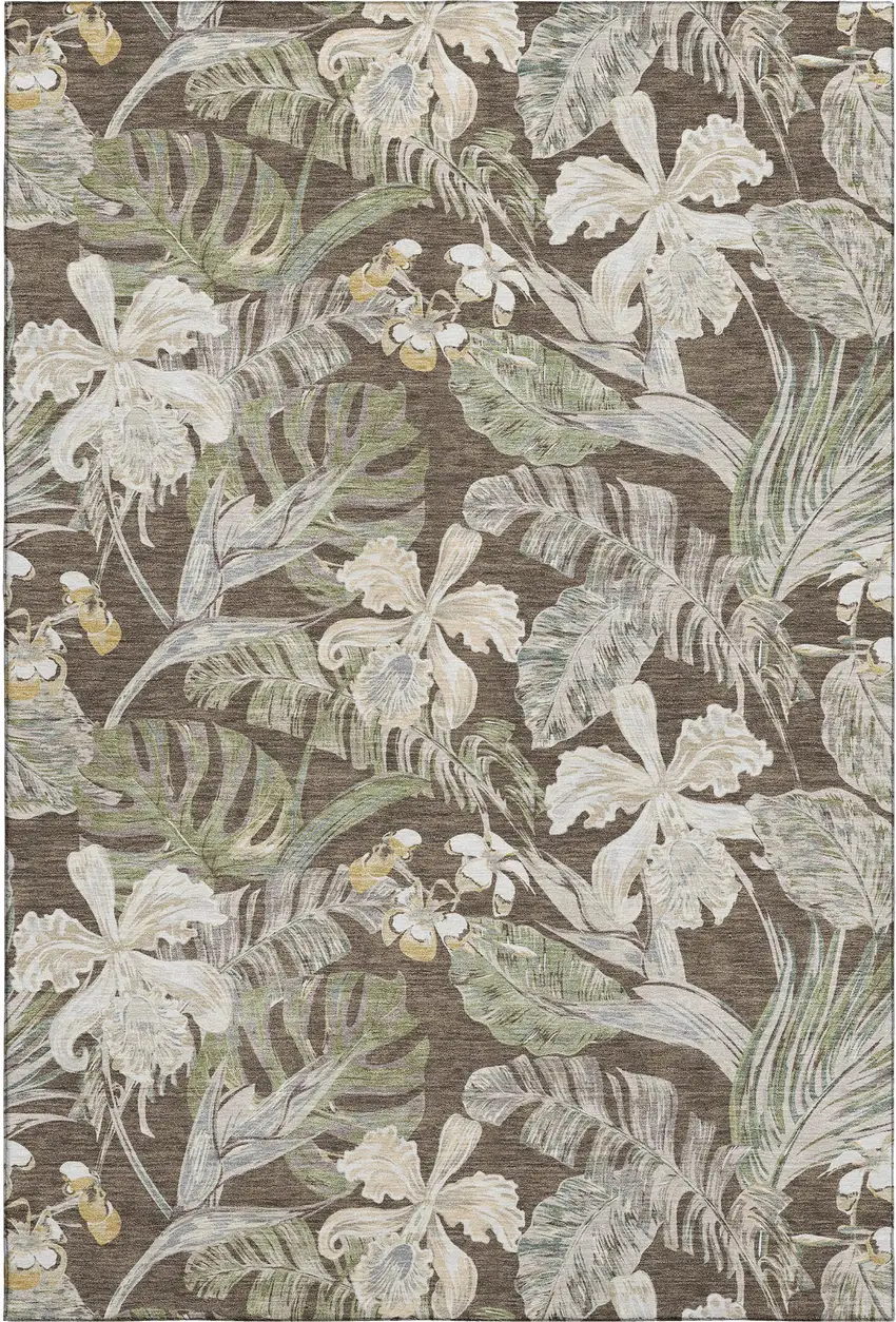 Brown Beige And Green Floral Washable Area Rug With UV Protection Photo 1