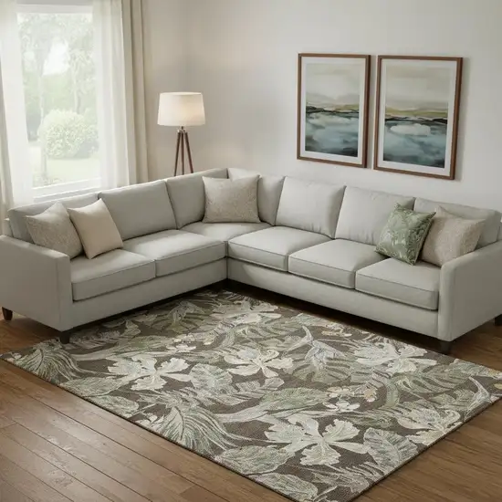 Brown Beige And Green Floral Washable Area Rug With UV Protection Photo 2