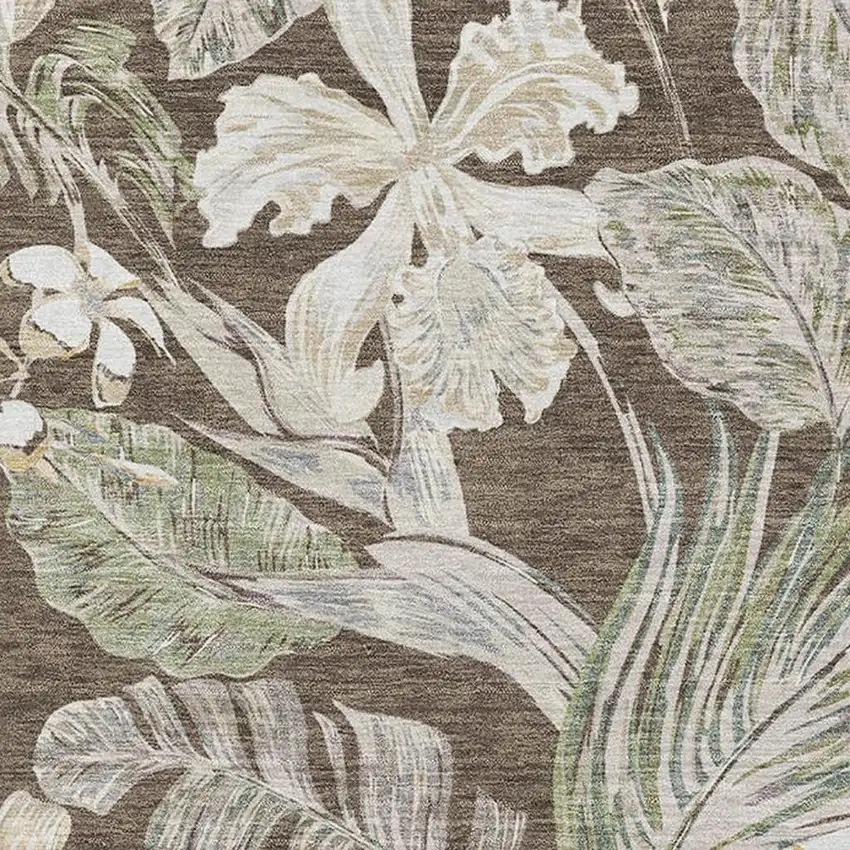 Brown Beige And Green Floral Washable Area Rug With UV Protection Photo 2