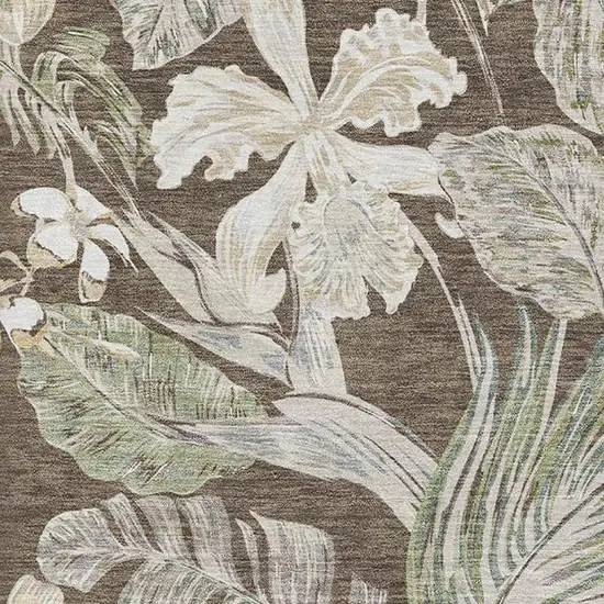 Brown Beige And Green Floral Washable Area Rug With UV Protection Photo 2