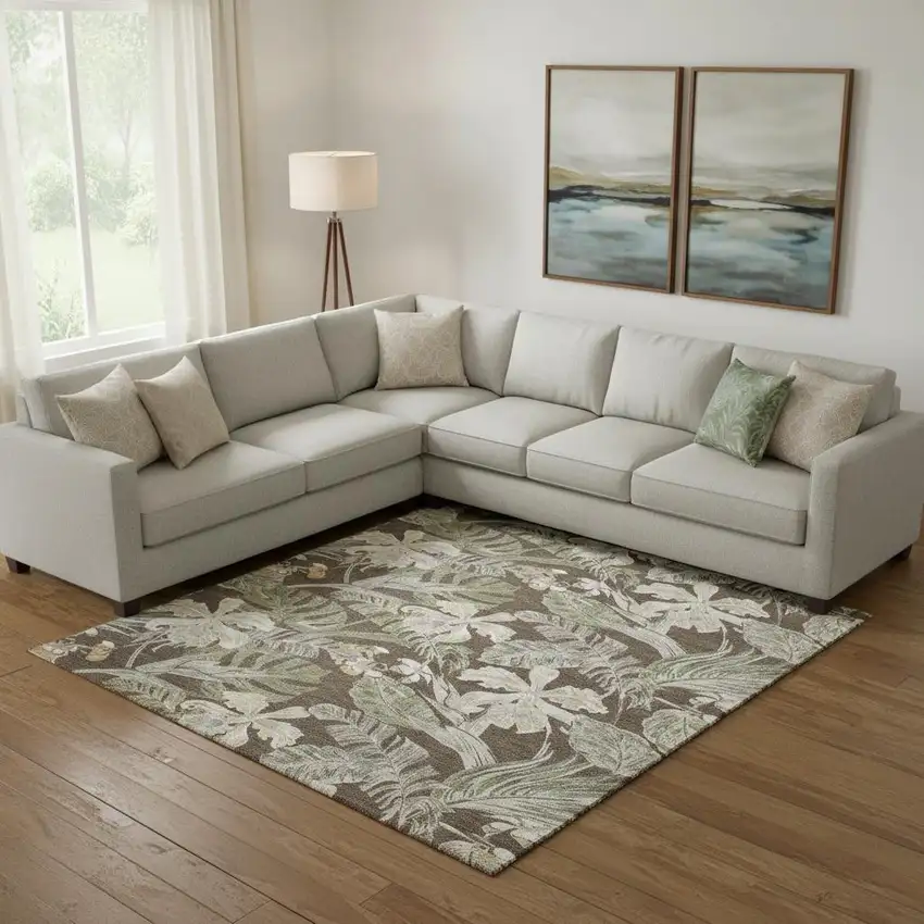 Brown Beige And Green Floral Washable Area Rug With UV Protection Photo 2