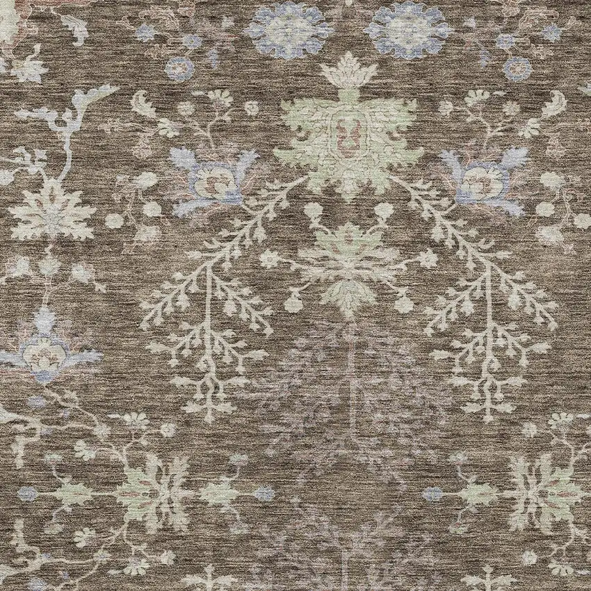 Brown Beige And Green Floral Washable Indoor Outdoor Area Rug Photo 5