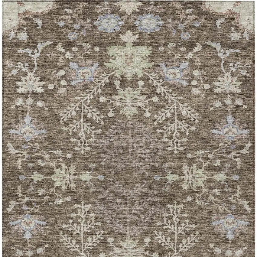 Brown Beige And Green Floral Washable Indoor Outdoor Area Rug Photo 6