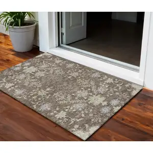 Photo of Brown Beige And Green Floral Washable Indoor Outdoor Area Rug