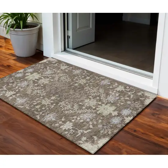 Brown Beige And Green Floral Washable Indoor Outdoor Area Rug Photo 1