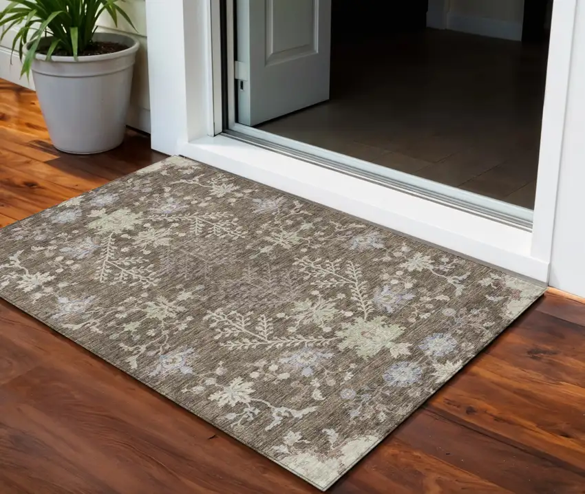 Brown Beige And Green Floral Washable Indoor Outdoor Area Rug Photo 1