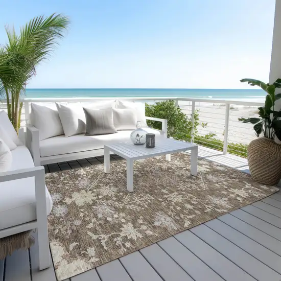 Brown Beige And Green Floral Washable Indoor Outdoor Area Rug Photo 7