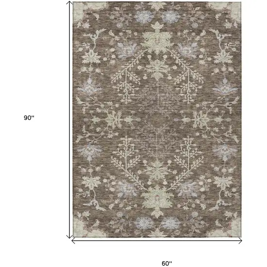 Brown Beige And Green Floral Washable Indoor Outdoor Area Rug Photo 7